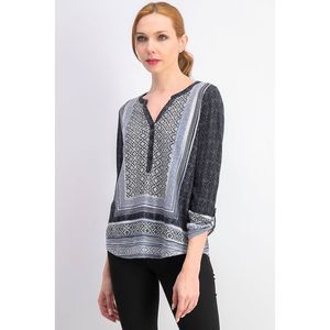 Style & Co Women's Mixed-Print Split-Neck Tab-Sleeve Top Black Size Extra Large